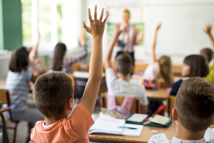 Back view of schoolboy raising hand to answer the question.