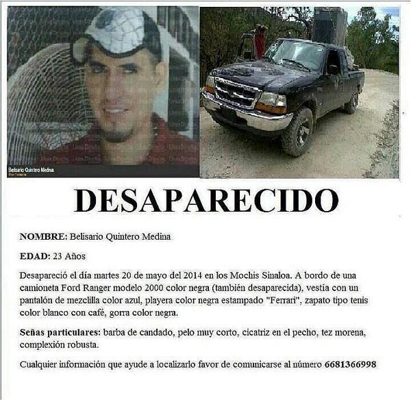 Foto 1. Cartel de búsqueda de Belisario Quintero Medina. Crédito Rastreadoras de El Fuerte y Zona Norte de Sinaloa
