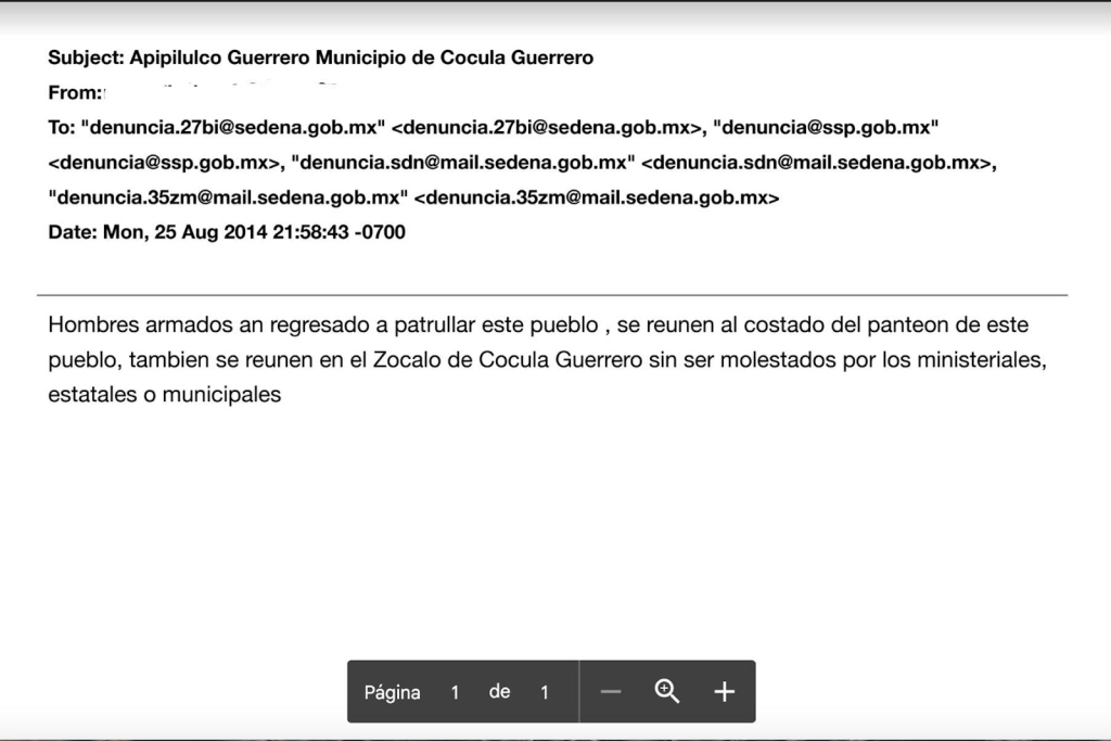 Un correo, enviado en agosto de 2014, denuncia la presencia de grupos armados en Apipilulco y Cocula. El mensaje muestra las diferentes direcciones a las que eran enviados algunos de los mensajes.
