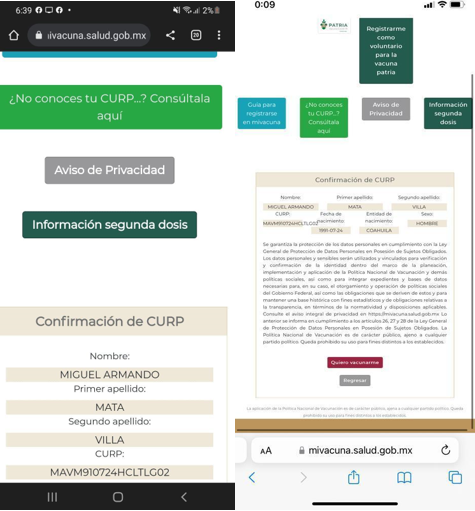 Al revisar la página de Mi vacuna el 10 de julio (izq.), Miguel aparecía como vacunado. Una semana después, el día 17, se registraba sin ninguna dosis. (Captura de pantalla)