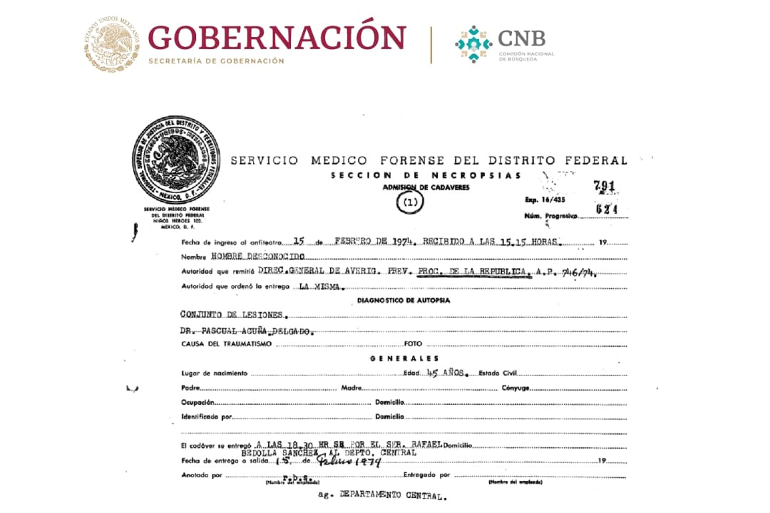 Registro del ingreso en el Semefo del Distrito Federal como “desconocido” de un integrante de las Fuerzas de Liberación Nacional que murió en el enfrentamiento con el Ejército y la Policía en 1974. (Boletín de familiares)